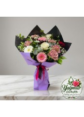 Mor Ambalajlı Karışık Hüsnüyusuf & Gerbera Buketi